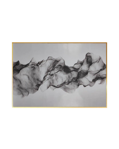 Canvas print featuring a minimalist abstract alcohol ink design with translucent, smoky black and charcoal grey ribbons undulating across a clean white background.