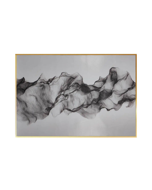 Canvas print featuring a minimalist abstract alcohol ink design with translucent, smoky black and charcoal grey ribbons undulating across a clean white background.