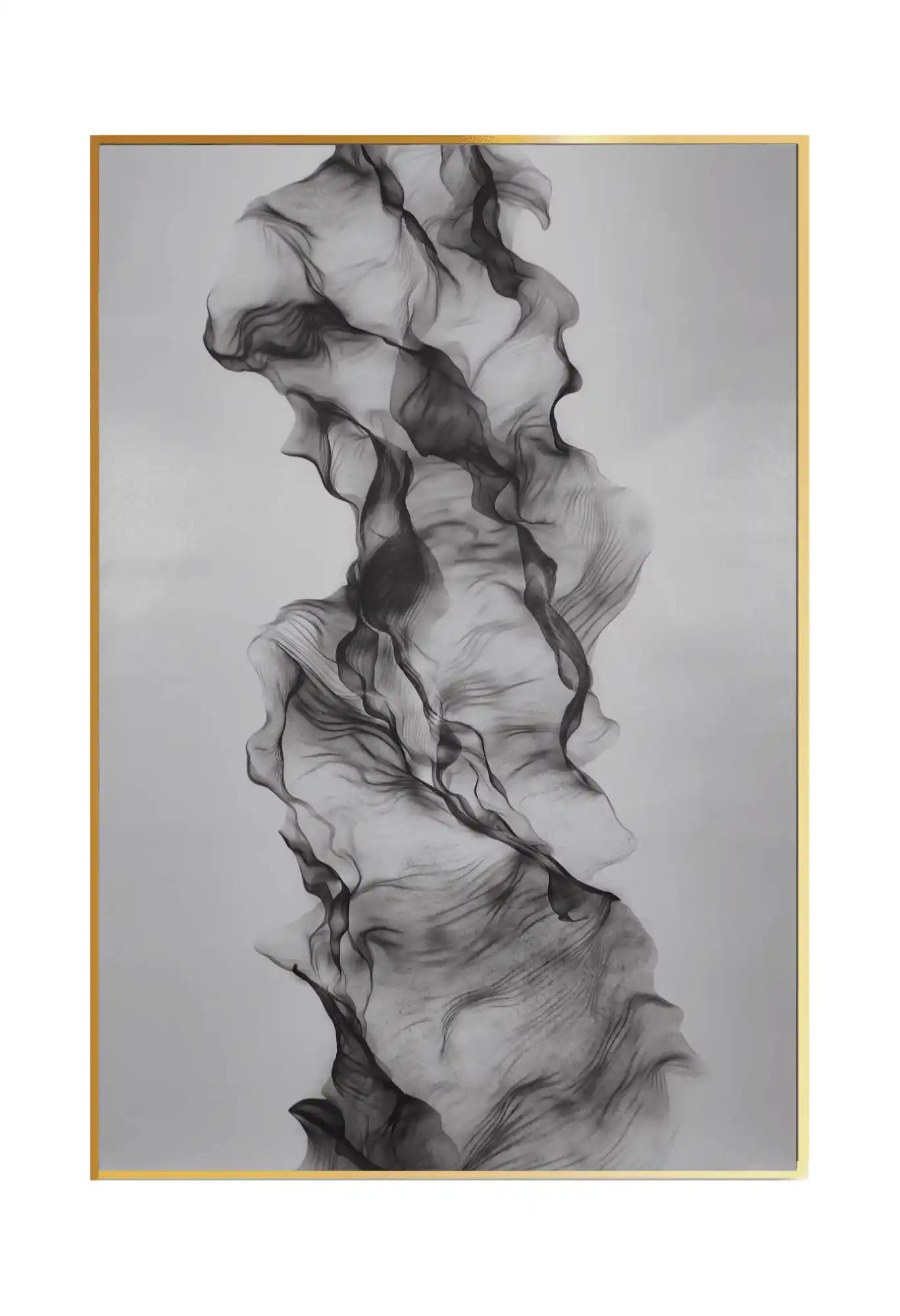 An 80x120 cm black and grey abstract canvas print wall art panel depicting a minimalist printed design of a fluid vertical column with sheer mesh layers and fine charcoal lines over a soft grey background for modern living room decor.