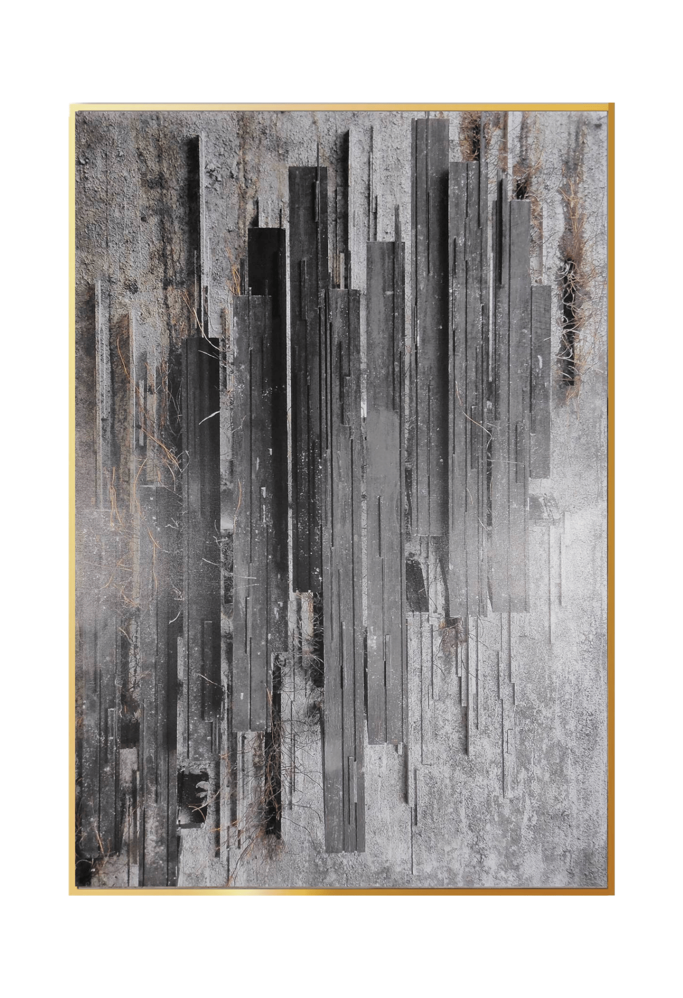An 80x120 cm black and grey abstract canvas print wall art panel depicting a minimalist printed design of distressed vertical charcoal columns over a weathered grey background for modern living room decor.
