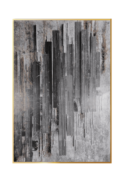 An 80x120 cm black and grey abstract canvas print wall art panel depicting a minimalist printed design of distressed vertical charcoal columns over a weathered grey background for modern living room decor.