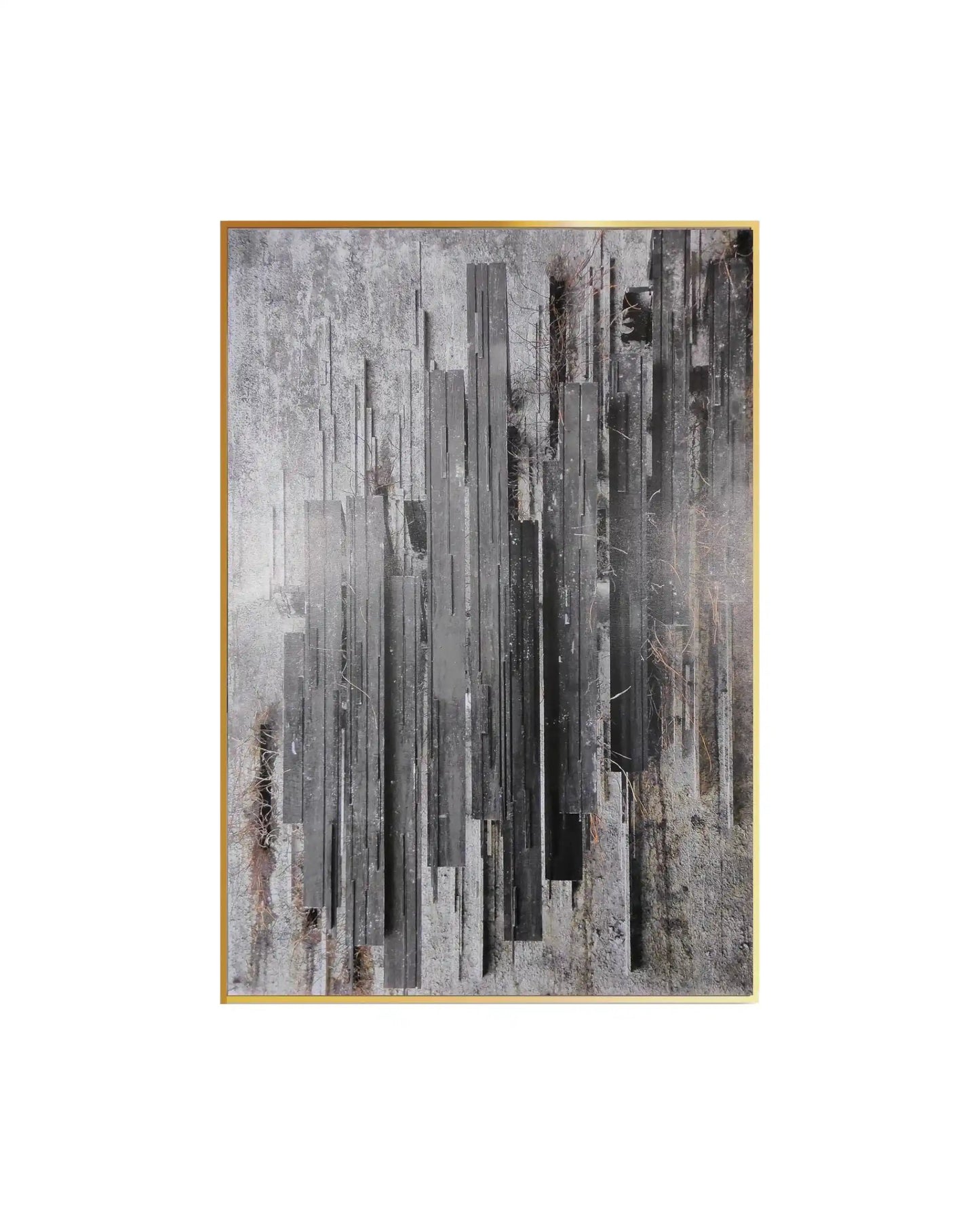 Canvas print featuring an industrial abstract design with vertical, layered geometric columns in shades of charcoal grey, black, and silver, set against a heavily distressed, weathered concrete-effect background.