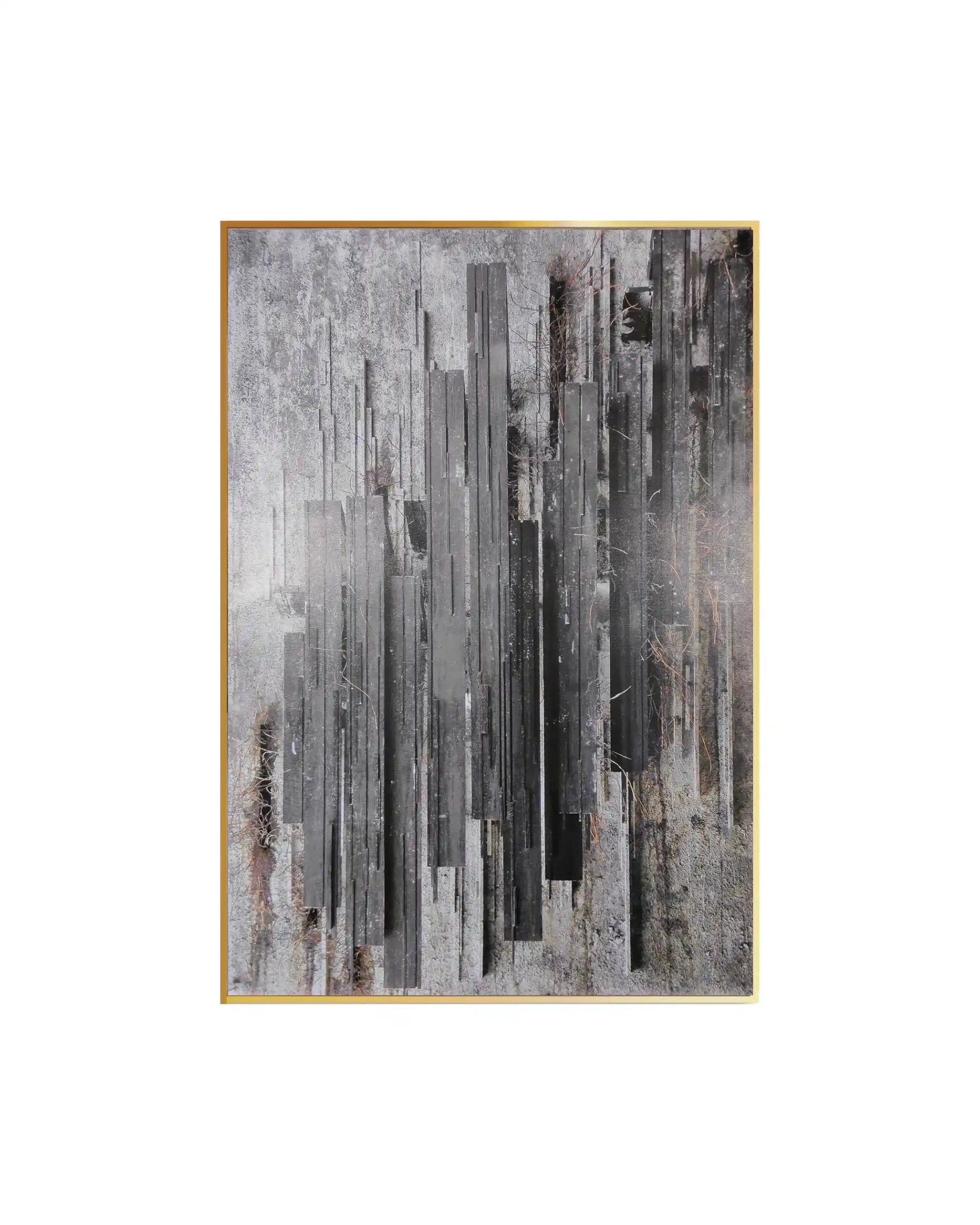 Canvas print featuring an industrial abstract design with vertical, layered geometric columns in shades of charcoal grey, black, and silver, set against a heavily distressed, weathered concrete-effect background.