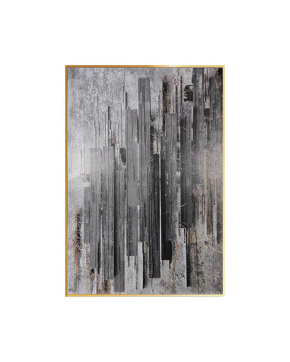 Canvas print featuring an industrial abstract design with vertical, layered geometric columns in shades of charcoal grey, black, and silver, set against a heavily distressed, weathered concrete-effect background.
