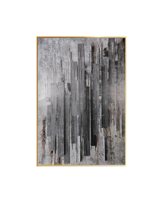 Canvas print featuring an industrial abstract design with vertical, layered geometric columns in shades of charcoal grey, black, and silver, set against a heavily distressed, weathered concrete-effect background.