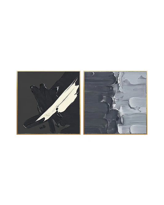 Modern minimalist abstract diptych wall art featuring heavy impasto palette knife brushstrokes in textured charcoal gray, black, and white with gold frames.