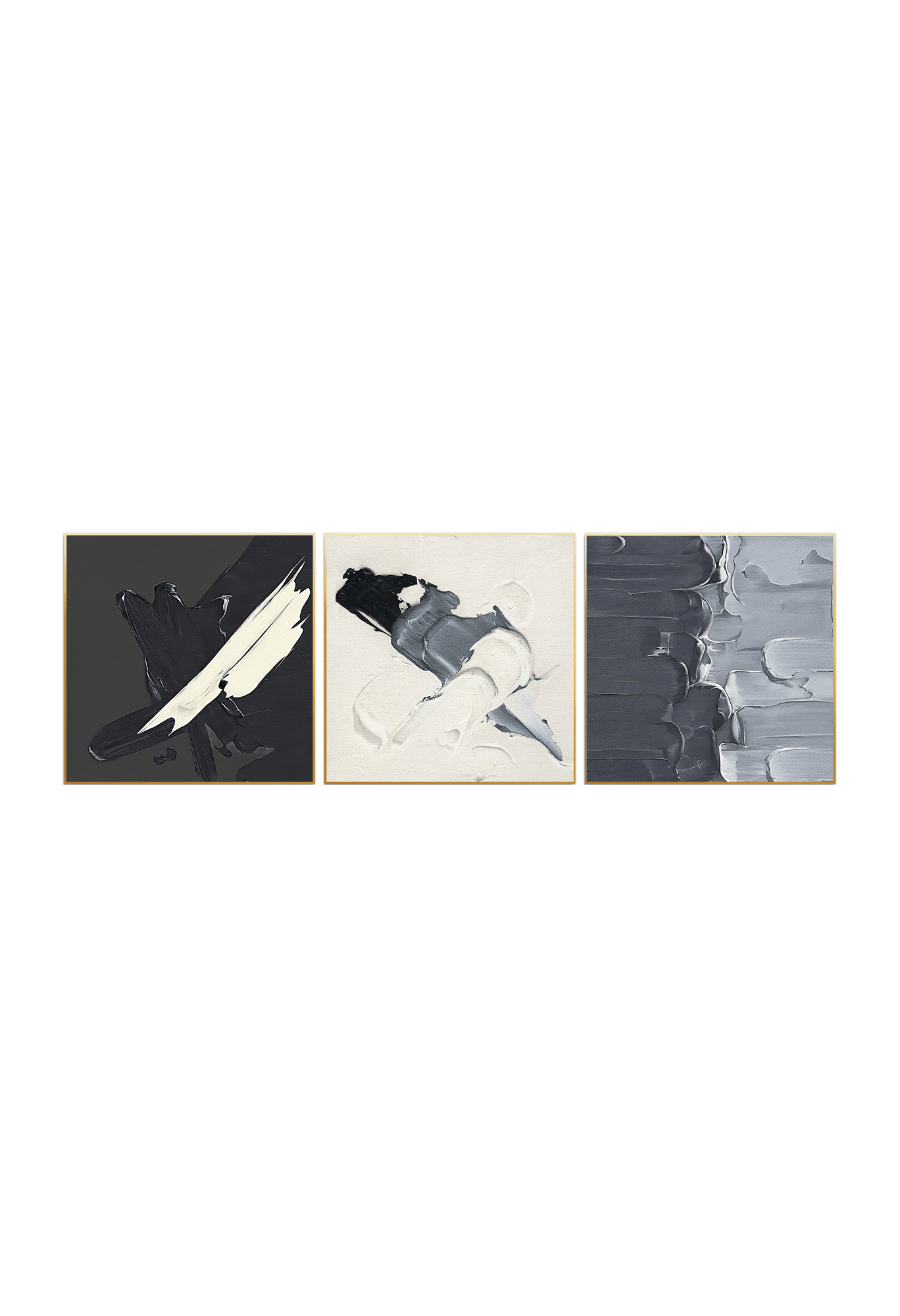 Three 80x80 cm black grey and beige abstract canvas print wall art panels depicting minimalist bold expressive paint splatters and dynamic brushstroke details for modern living room decor.