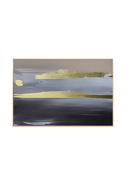 An 80x120 cm black grey and gold abstract canvas print wall art panel depicting minimalist horizontal monochrome bands, a soft grey upper field, and flat yellow gold accent paths for modern living room decor.