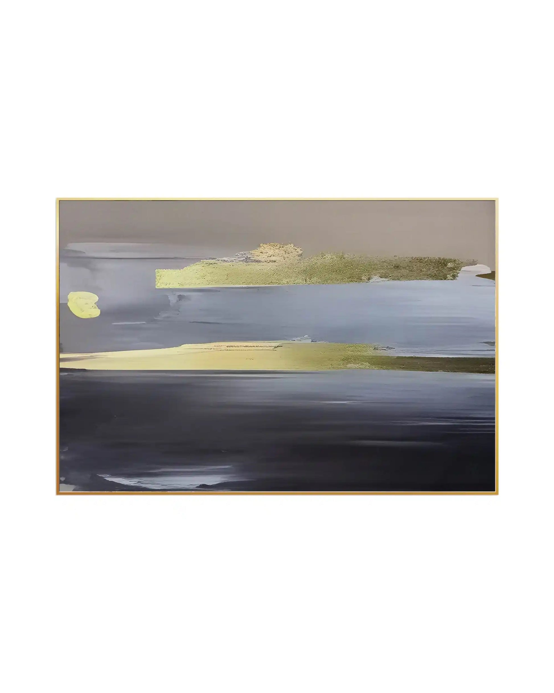 Horizontal canvas print featuring an abstract atmospheric design with layered fields of deep charcoal, slate grey, and taupe beige highlighted by smooth horizontal gold-colored bands.