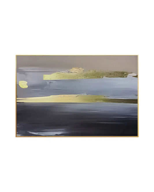 Horizontal canvas print featuring an abstract atmospheric design with layered fields of deep charcoal, slate grey, and taupe beige highlighted by smooth horizontal gold-colored bands.