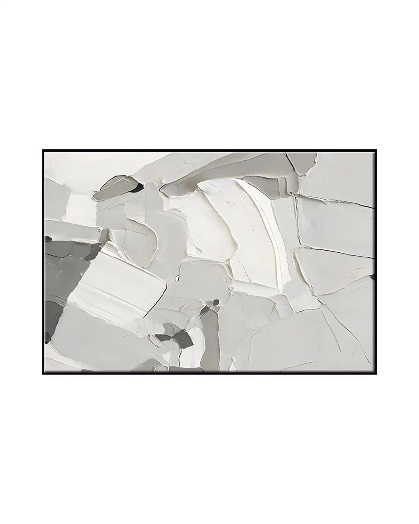Horizontal canvas print featuring a monochrome abstract design with a printed heavy palette knife texture in intersecting blocks of grey, white, and charcoal.