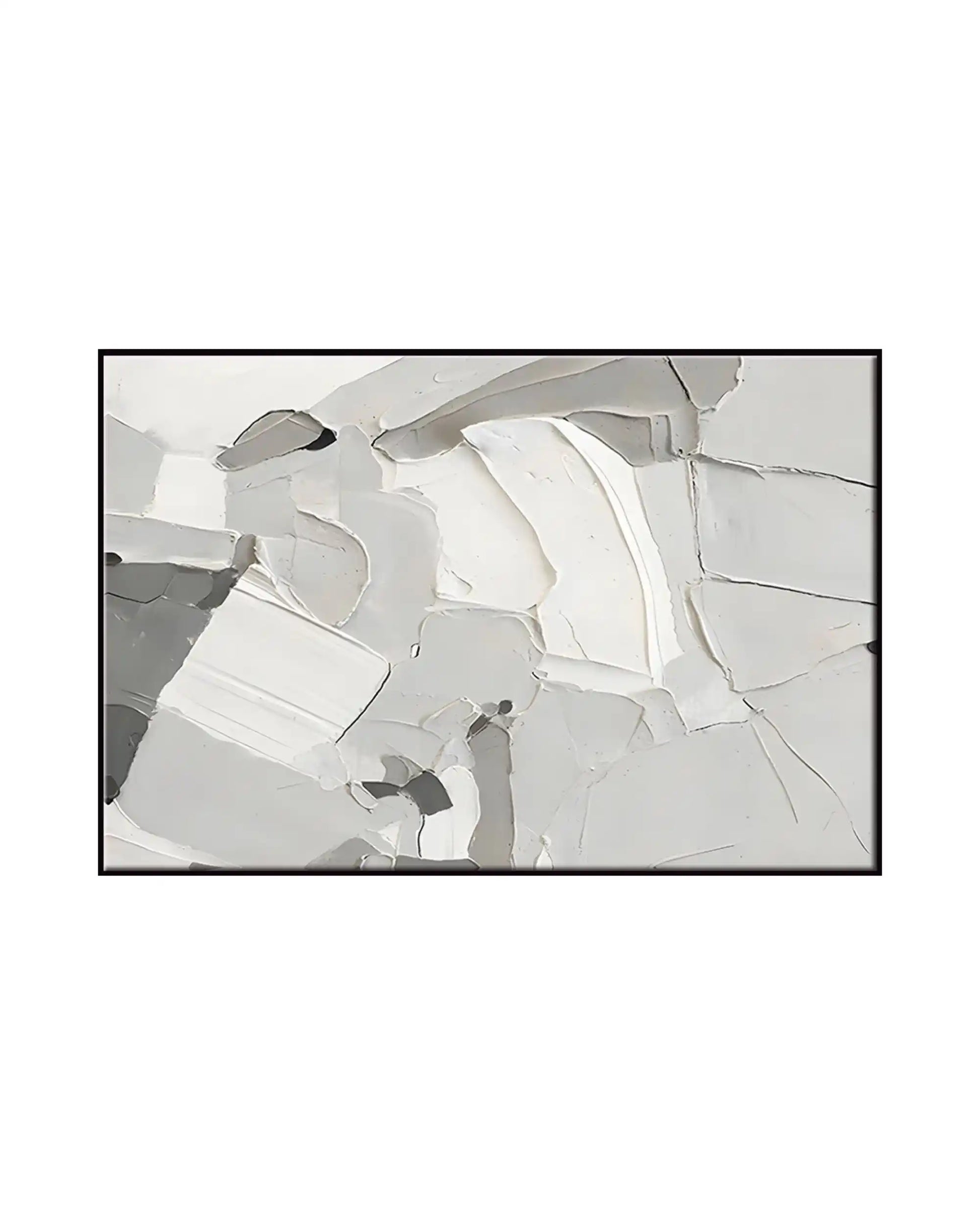 Horizontal canvas print featuring a monochrome abstract design with a printed heavy palette knife texture in intersecting blocks of grey, white, and charcoal.