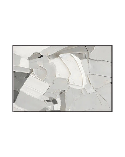 Horizontal canvas print featuring a monochrome abstract design with a printed heavy palette knife texture in intersecting blocks of grey, white, and charcoal.