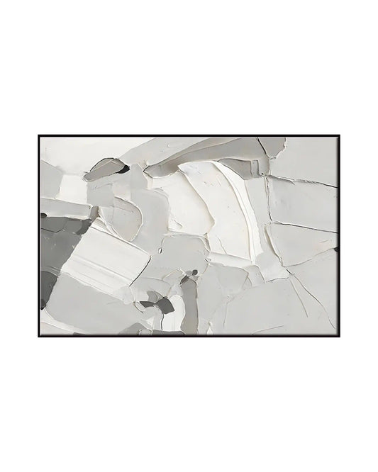 Horizontal canvas print featuring a monochrome abstract design with a printed heavy palette knife texture in intersecting blocks of grey, white, and charcoal.