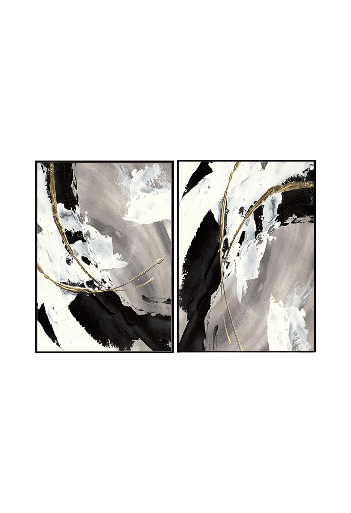 Two black grey and white abstract canvas print wall art panels depicting minimalist sweeping monochrome brushstrokes and thin gold lines for modern living room decor.