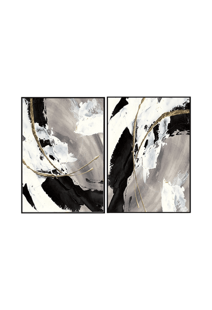 Two black grey and white abstract canvas print wall art panels depicting minimalist sweeping monochrome brushstrokes and thin gold lines for modern living room decor.
