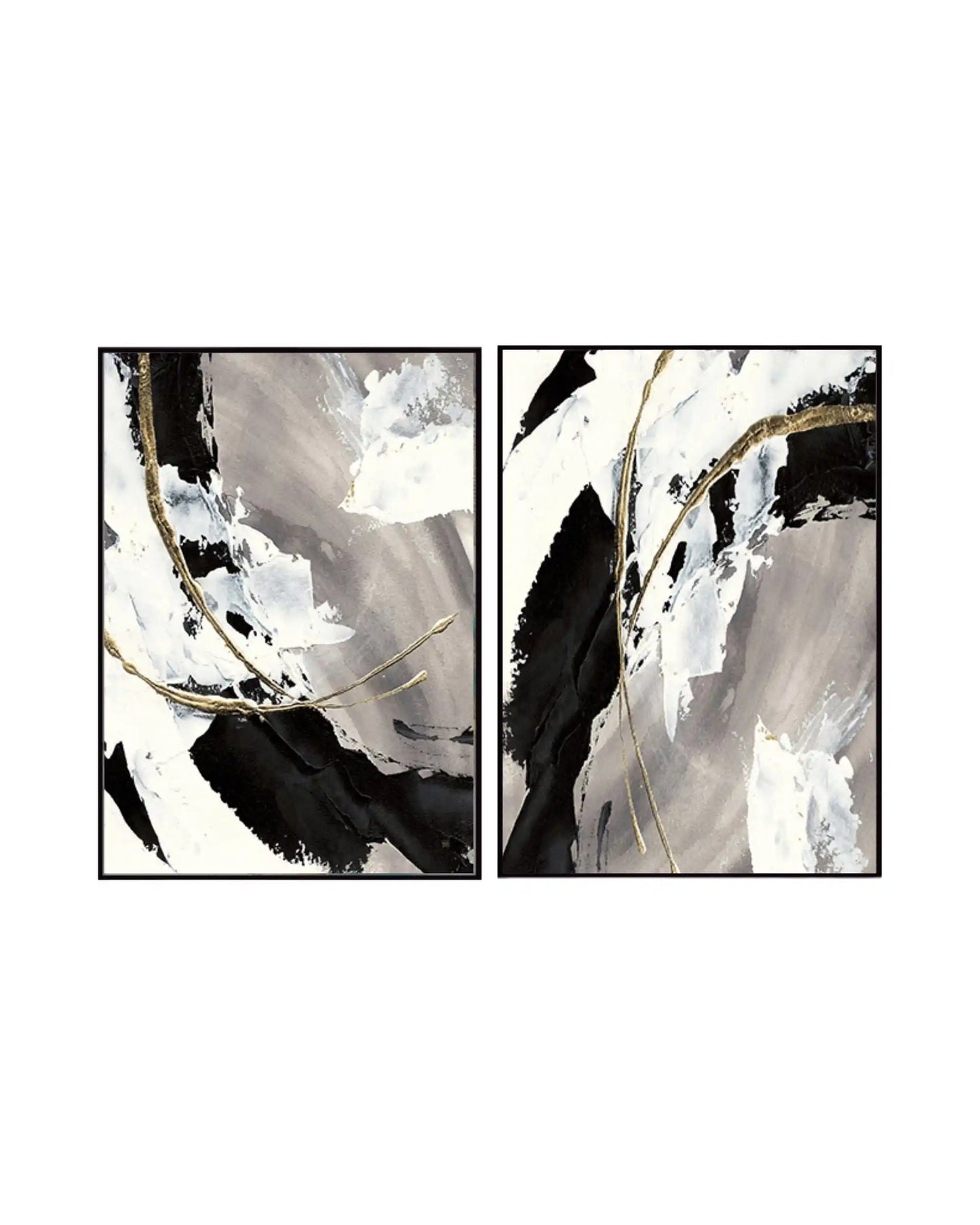Two-piece diptych canvas prints featuring a dynamic abstract design with bold black and white textured brushstrokes over a sweeping grey backdrop, accented by fine gold-colored curved lines.