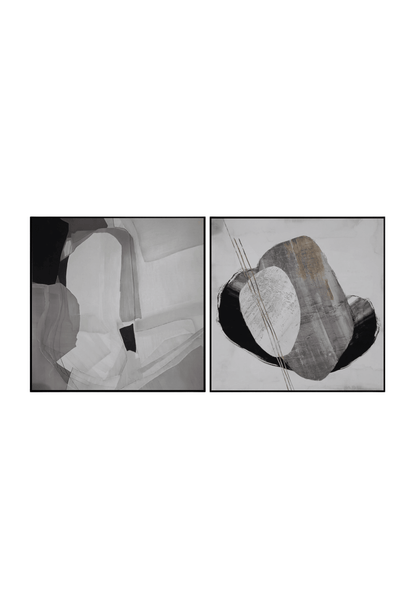 Two 80x80 cm black grey and white abstract canvas print wall art panels depicting minimalist organic pebble shapes, geometric color blocks, and fine accent lines for modern living room decor.