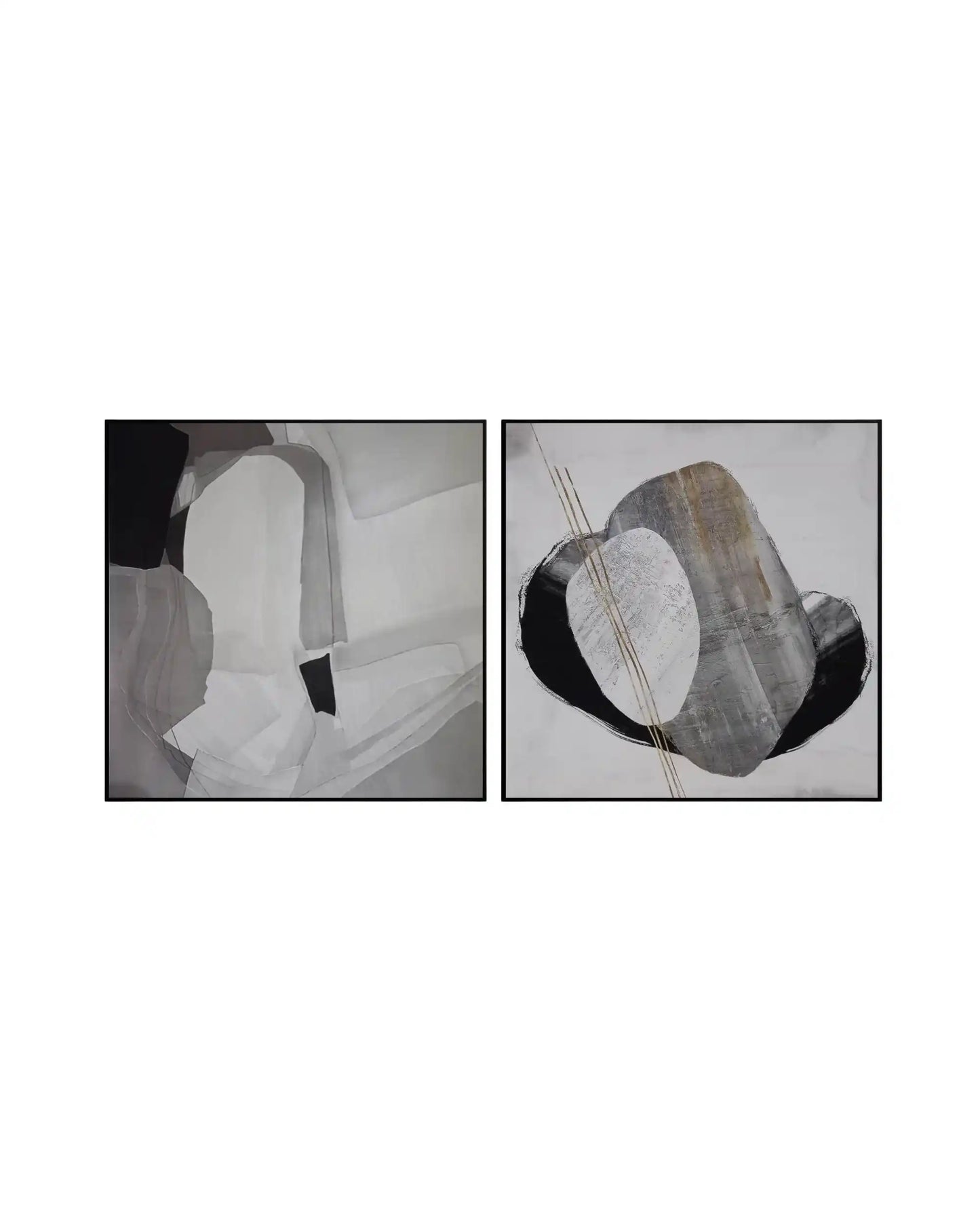 Modern minimalist abstract diptych wall art featuring overlapping organic shapes in shades of grey, white, and black with subtle gold line accents in black frames.