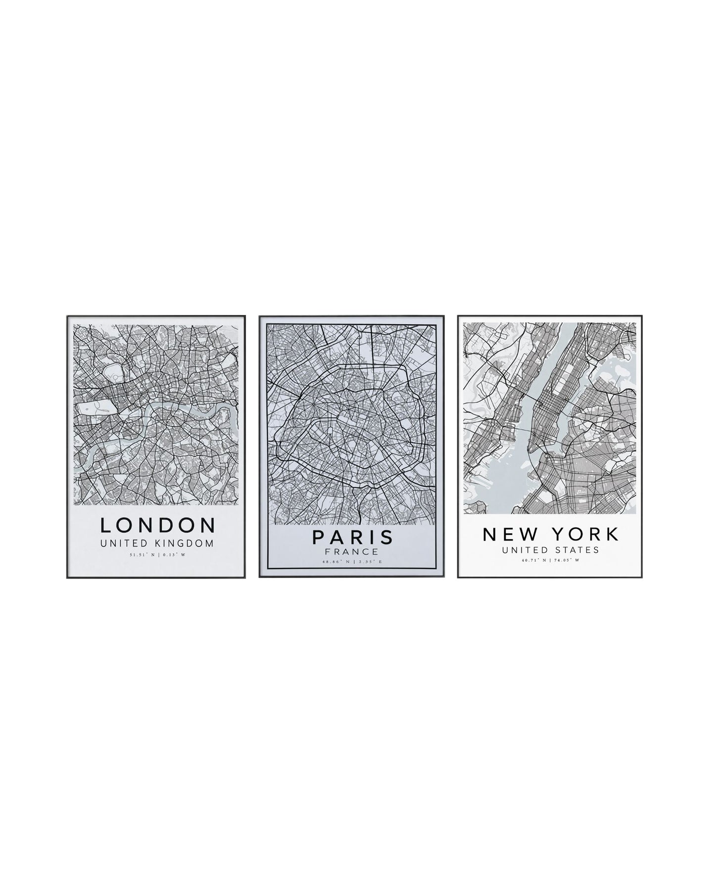 Set of three city map art pieces featuring London, Paris, and New York in black and grey tones on a white background