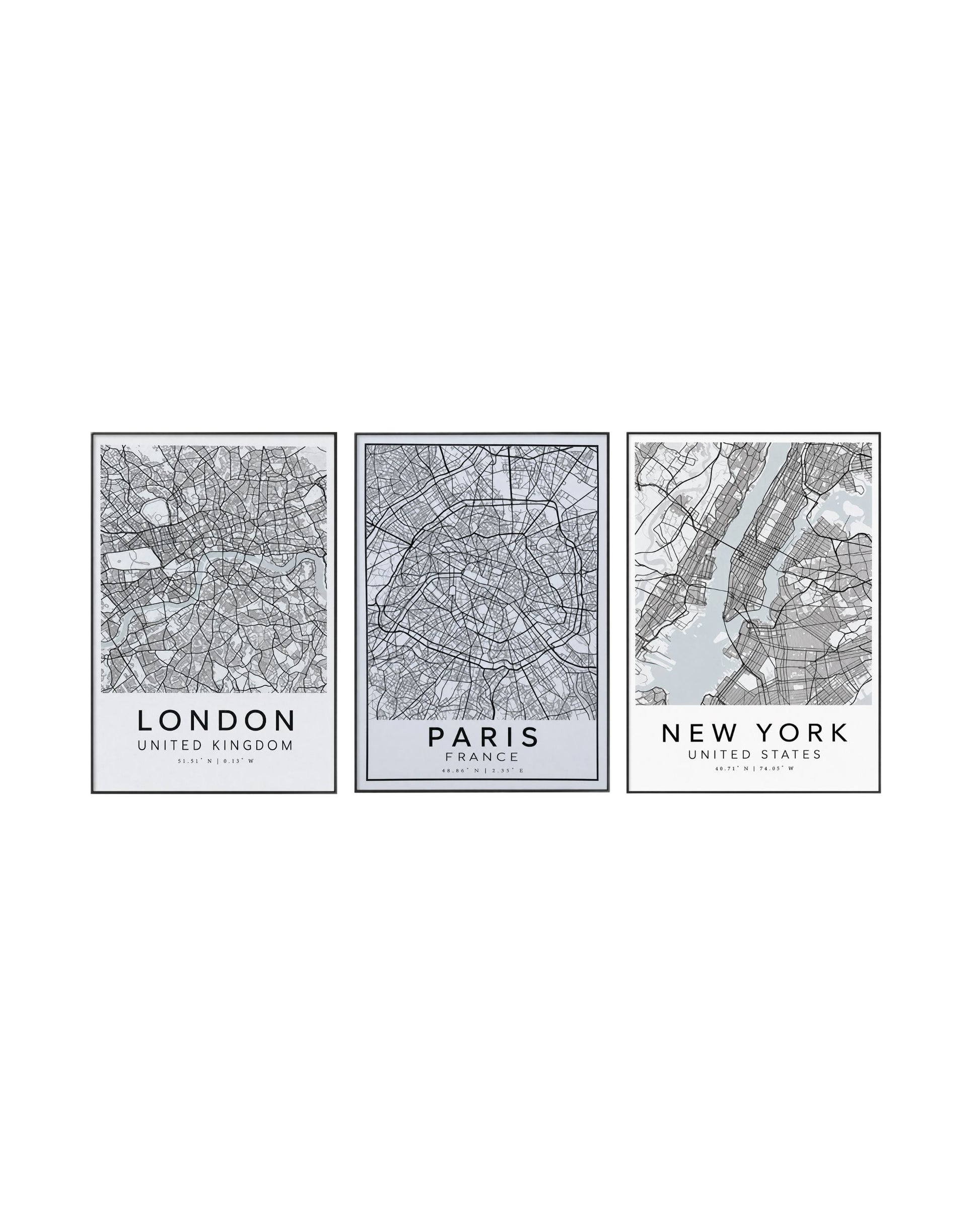 Set of three city map art pieces featuring London, Paris, and New York in black and grey tones on a white background