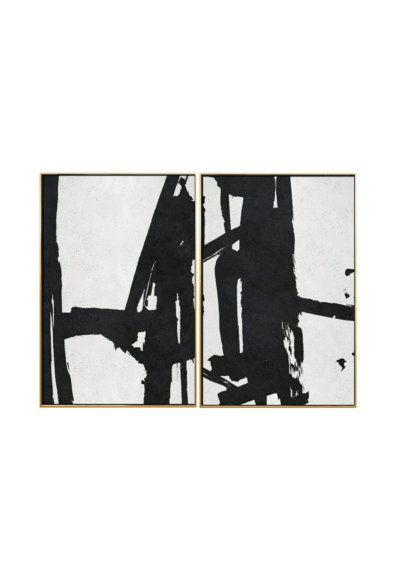 Two 60x90 cm black and white abstract canvas print wall art panels depicting bold minimalist geometric brushstrokes and ink intersections for modern Japandi living room decor.