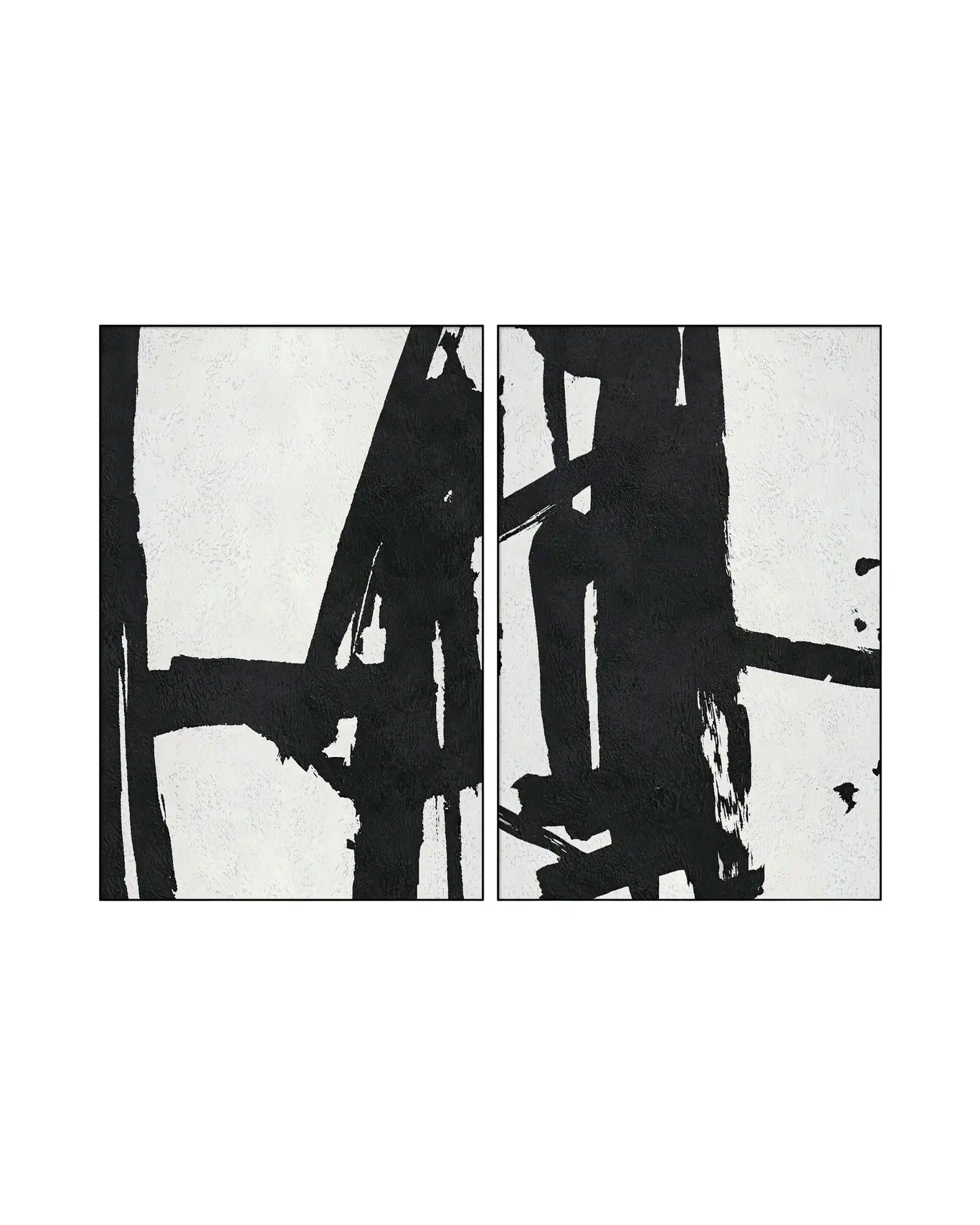 Two-piece diptych canvas prints featuring a bold, minimalist abstract expressionist design with heavy black structural paint strokes over a textured off-white background.