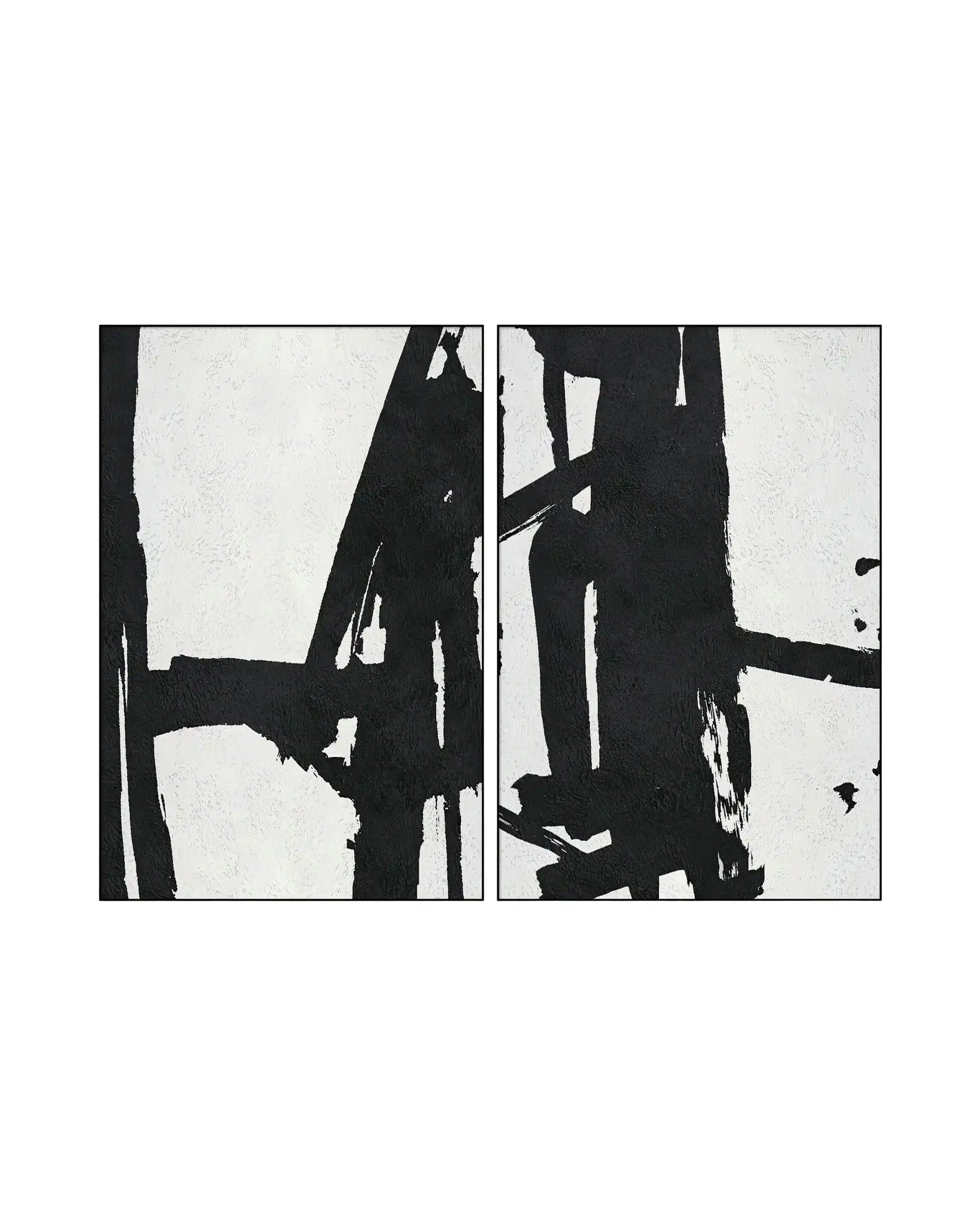 Two-piece diptych canvas prints featuring a bold, minimalist abstract expressionist design with heavy black structural paint strokes over a textured off-white background.