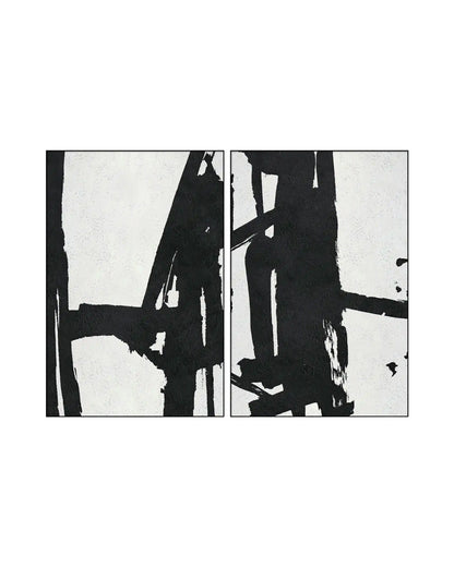 Two-piece diptych canvas prints featuring a bold, minimalist abstract expressionist design with heavy black structural paint strokes over a textured off-white background.