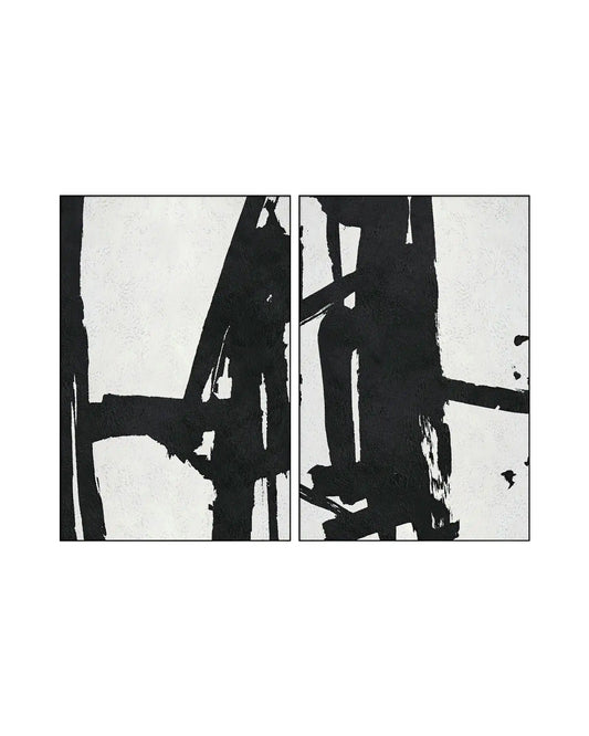 Two-piece diptych canvas prints featuring a bold, minimalist abstract expressionist design with heavy black structural paint strokes over a textured off-white background.