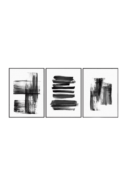 Three 50x70 cm black and white abstract canvas print wall art panels depicting minimalist intersecting ink brushstrokes and horizontal stacked bars for modern living room decor.