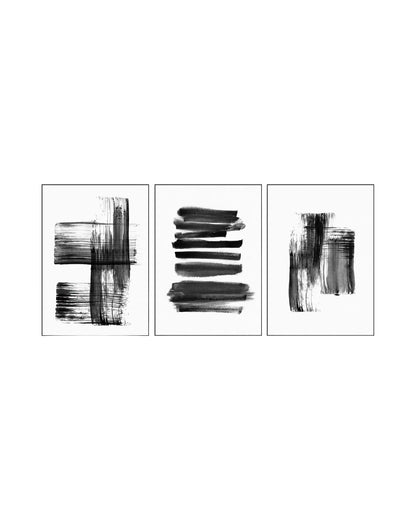 Modern minimalist abstract triptych wall art featuring textured black ink brush strokes, horizontal stripes, and vertical canvas patterns on a clean white background with slim black frames.