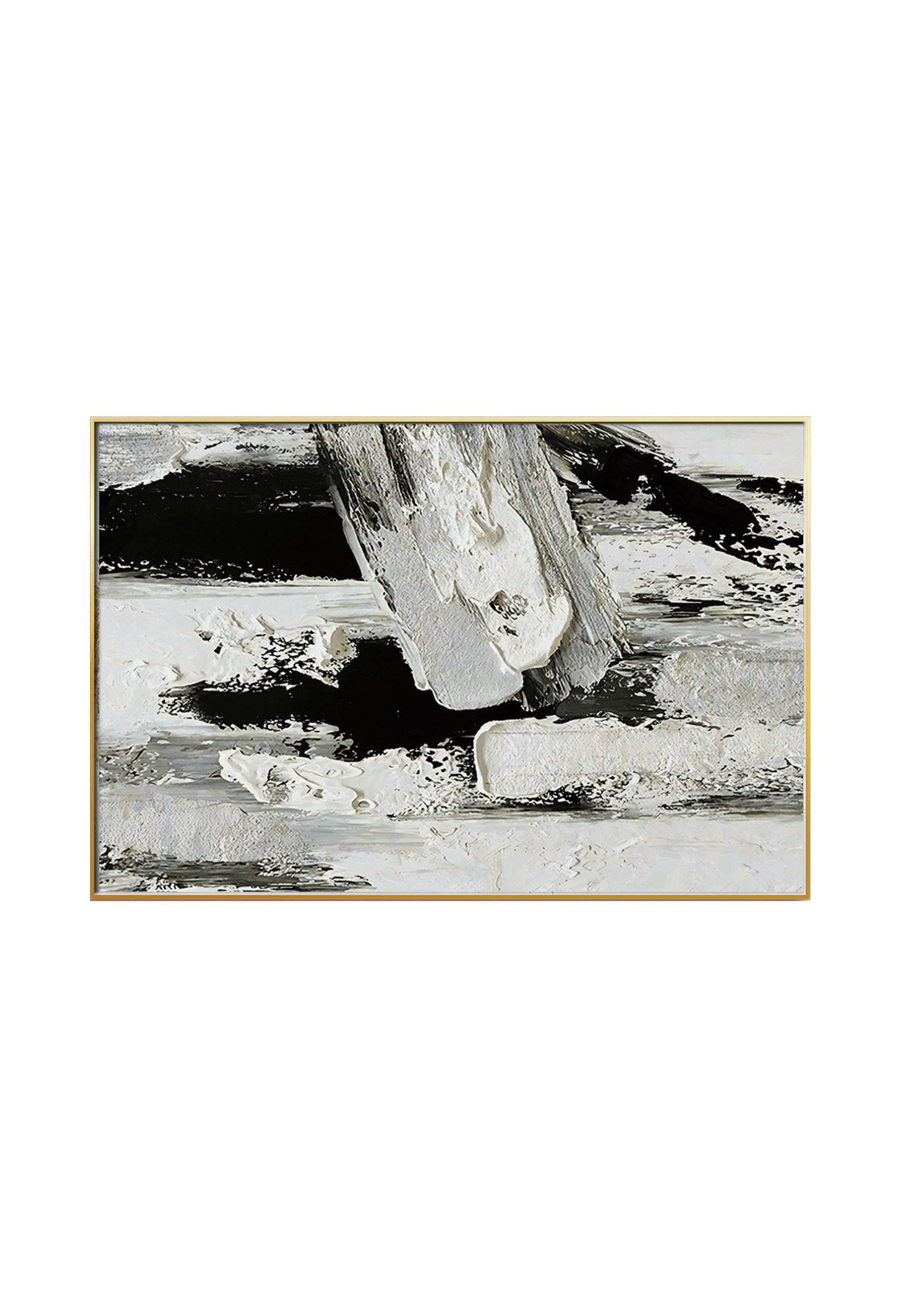 An 80x120 cm black white and grey abstract canvas print wall art panel depicting minimalist bold vertical black blocks, sweeping grey strokes, and stark white layers for modern living room decor.