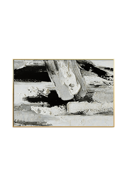 An 80x120 cm black white and grey abstract canvas print wall art panel depicting minimalist bold vertical black blocks, sweeping grey strokes, and stark white layers for modern living room decor.