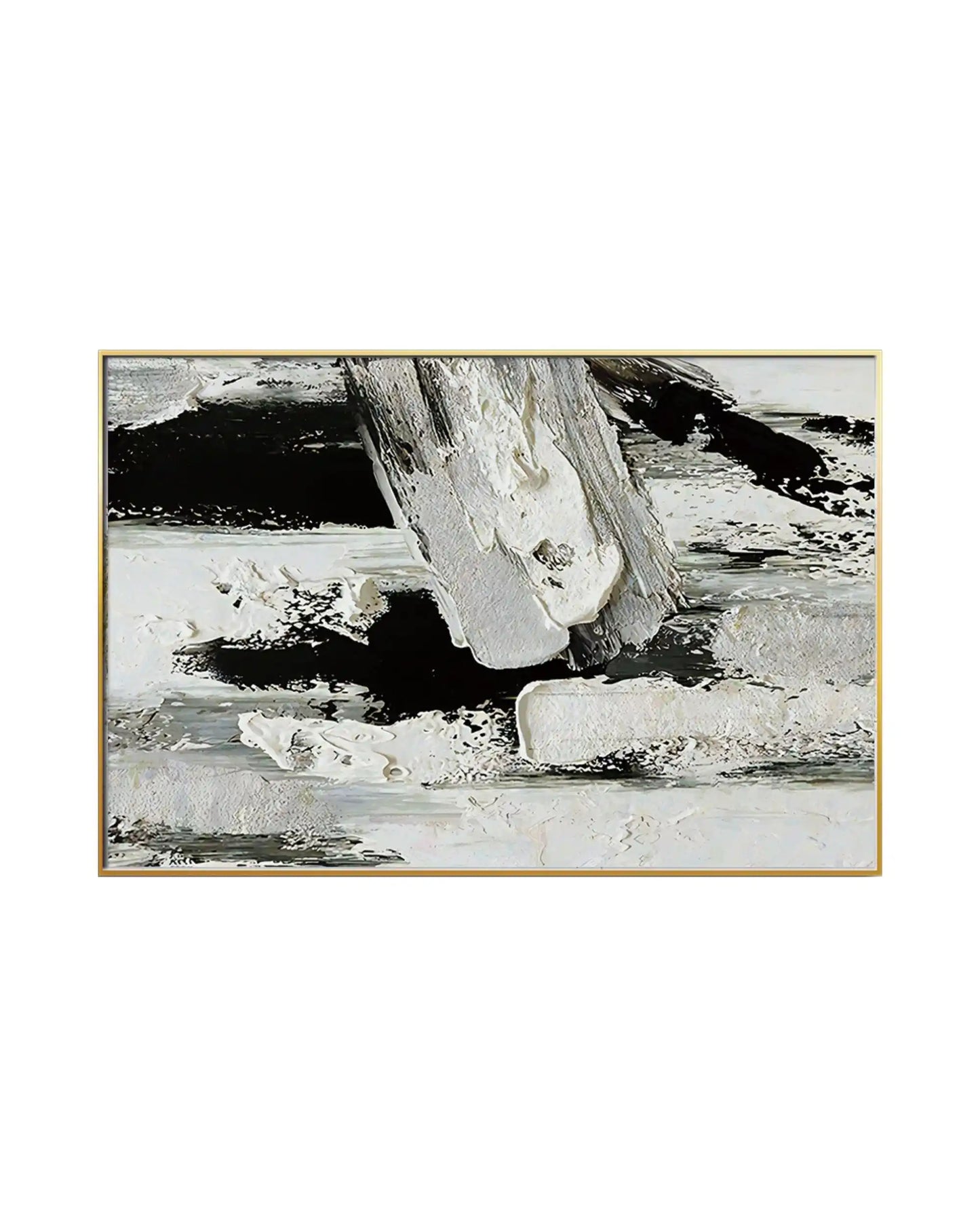 Horizontal canvas print featuring a monochrome abstract design with a printed heavy palette knife texture in bold black, charcoal grey, and crisp white paint strokes.