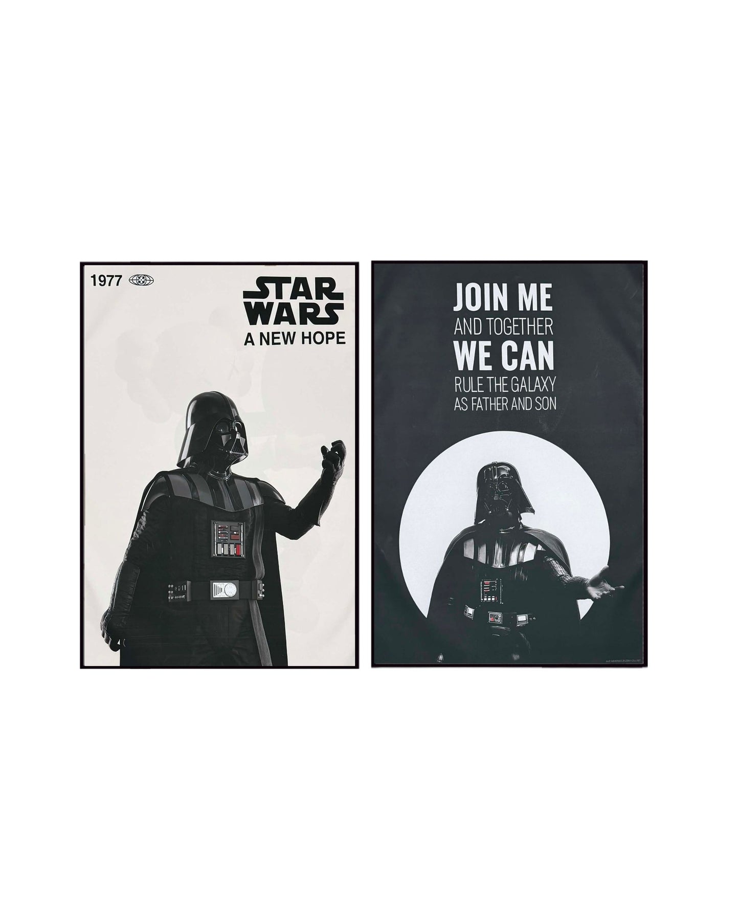 Set of two Star Wars art pieces featuring Darth Vader in black and white tones on a white background