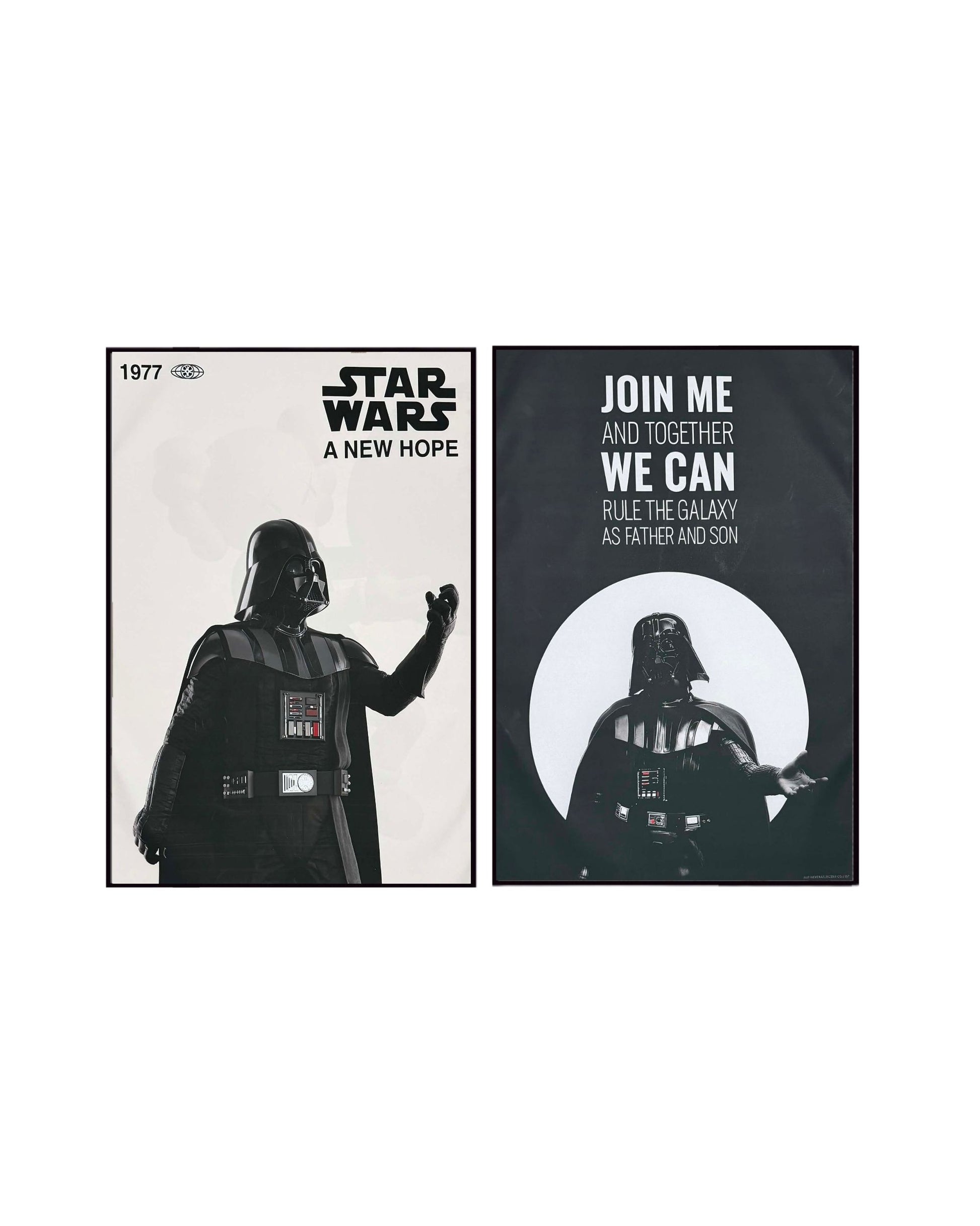 Set of two Star Wars art pieces featuring Darth Vader in black and white tones on a white background