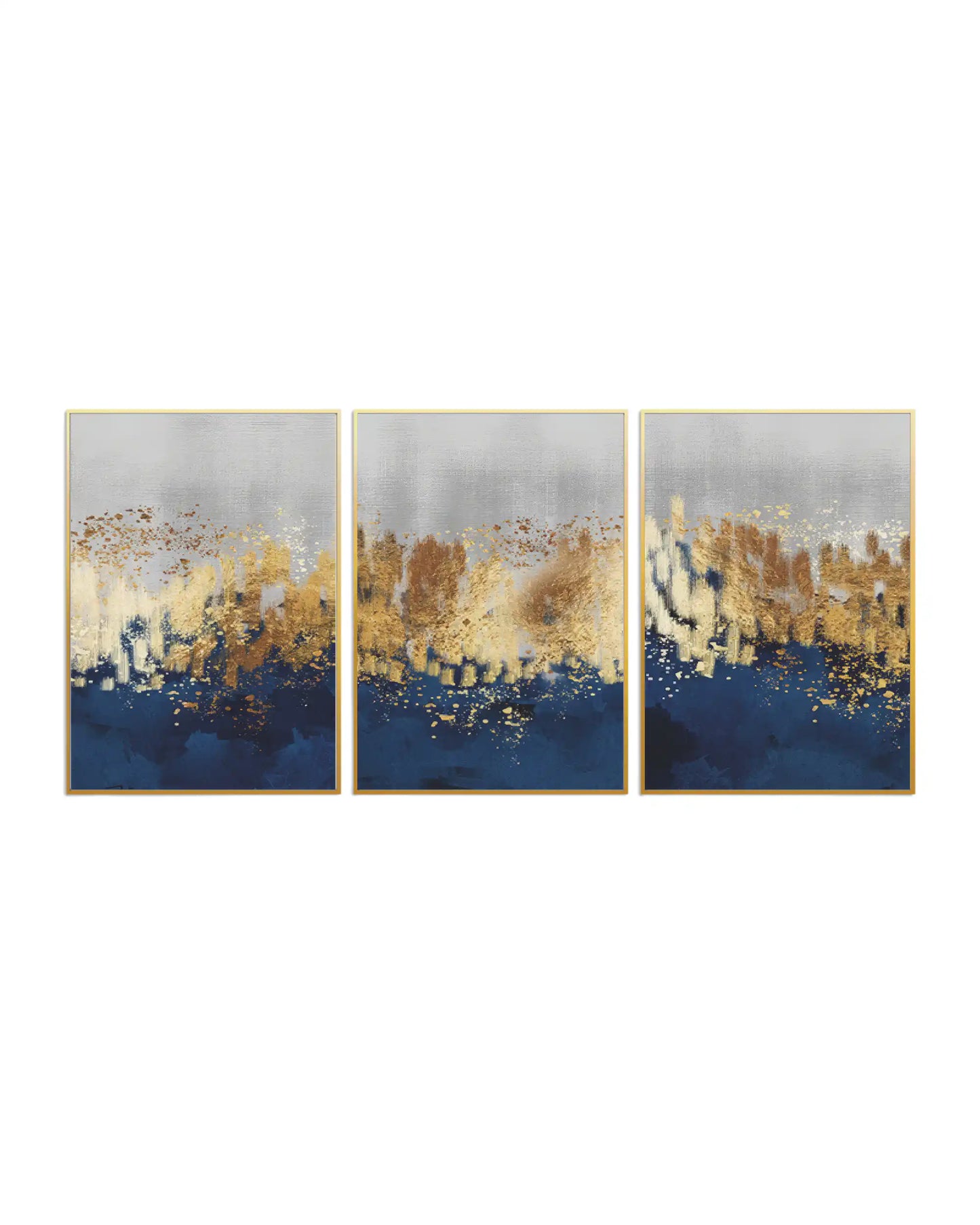An abstract 3-panel triptych canvas wall art print set depicting a textured navy blue landscape layout with gold and silver grey printed details for modern luxury home decor.
