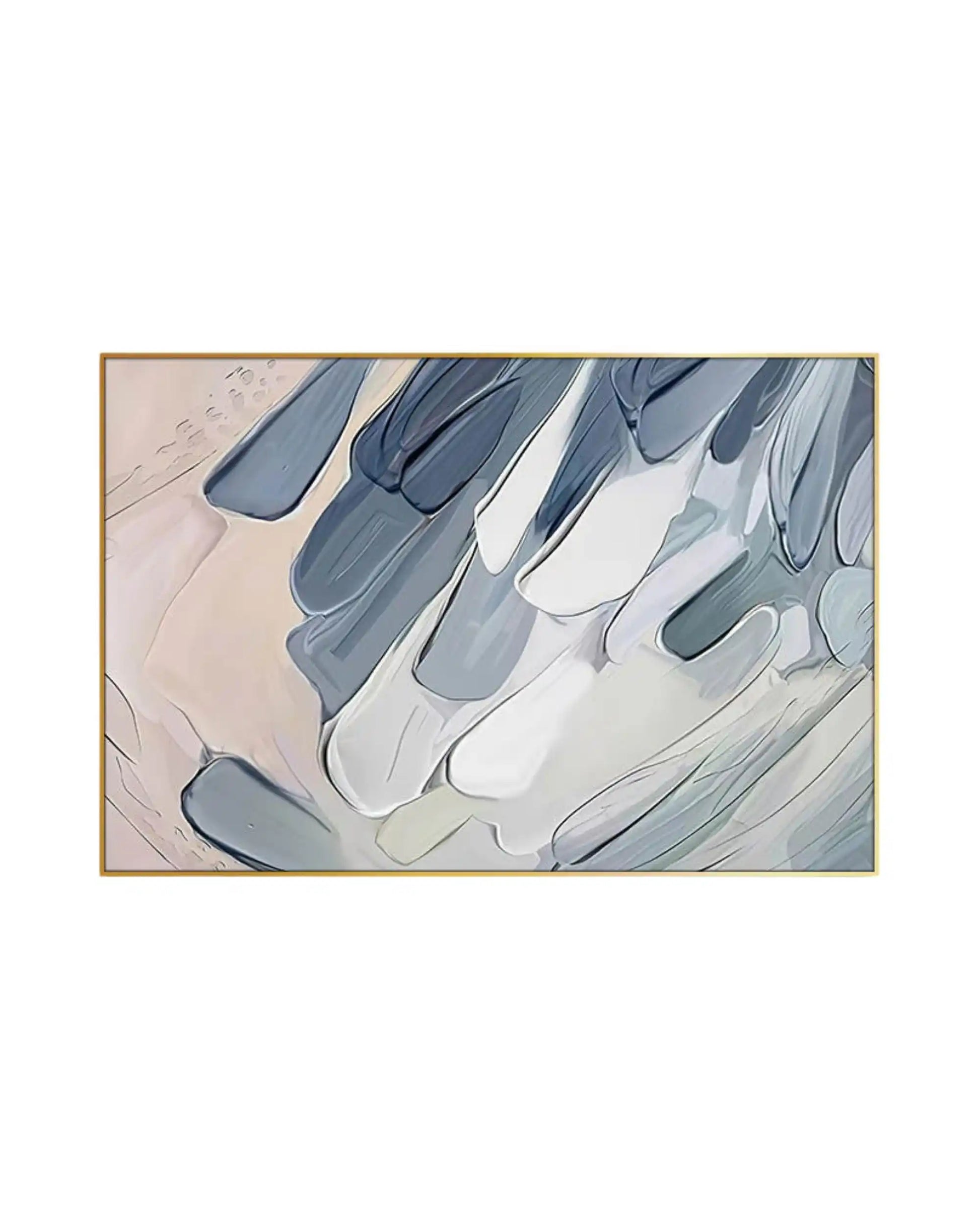Canvas print featuring a modern abstract design with a printed heavy impasto paint texture, showing sweeping, rounded brushstrokes in layers of slate blue, misty grey, and soft white over a warm beige background.