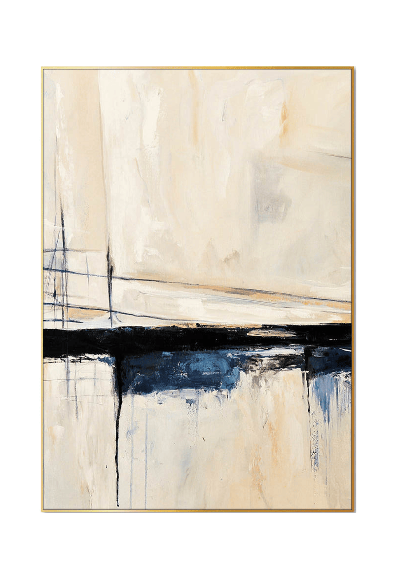 An 80x120 cm blue and beige abstract canvas print wall art panel depicting a minimalist printed design of horizontal black and blue paint paths with thin intersecting lines over a cream background for modern living room decor.