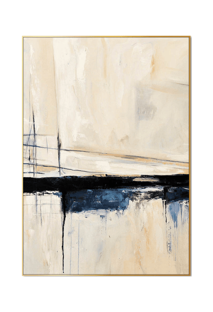 An 80x120 cm blue and beige abstract canvas print wall art panel depicting a minimalist printed design of horizontal black and blue paint paths with thin intersecting lines over a cream background for modern living room decor.