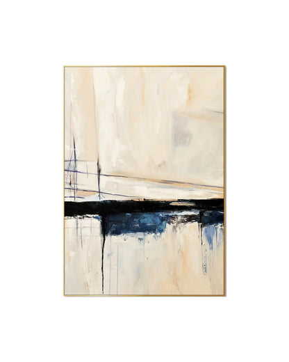 Canvas print featuring a modern abstract design with a central horizontal band of bold black and deep blue brushstrokes dividing a textured cream and beige background, accented by fine intersecting grid lines.