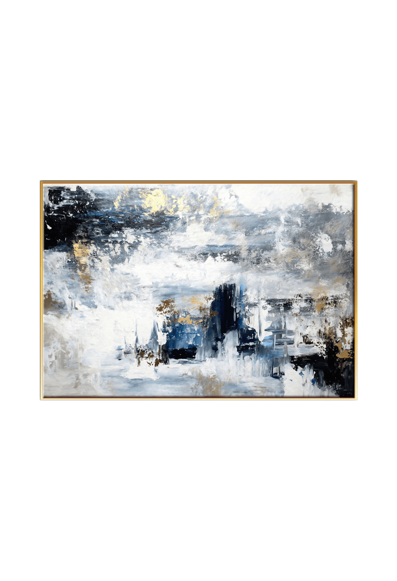 An 80x120 cm blue black and gold abstract canvas print wall art panel depicting minimalist dark black paint clusters, slate grey gradients, and flat yellow gold highlights for modern living room decor.