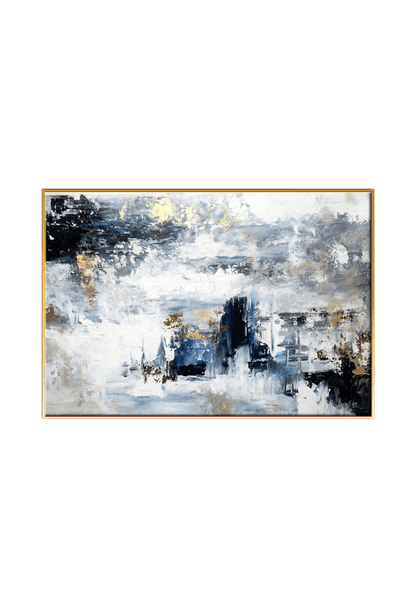An 80x120 cm blue black and gold abstract canvas print wall art panel depicting minimalist dark black paint clusters, slate grey gradients, and flat yellow gold highlights for modern living room decor.