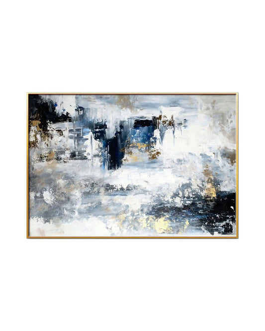 Horizontal canvas print featuring an abstract design with bold navy blue, black, and white textured paint blocks highlighted by scattered gold-colored patches.