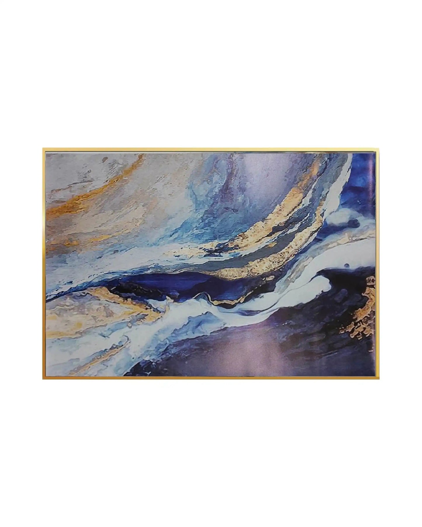 Canvas print featuring a modern fluid abstract design with sweeping geode marble waves in deep navy blue, indigo, and white, accented by gold-colored veins and textured-effect contours.