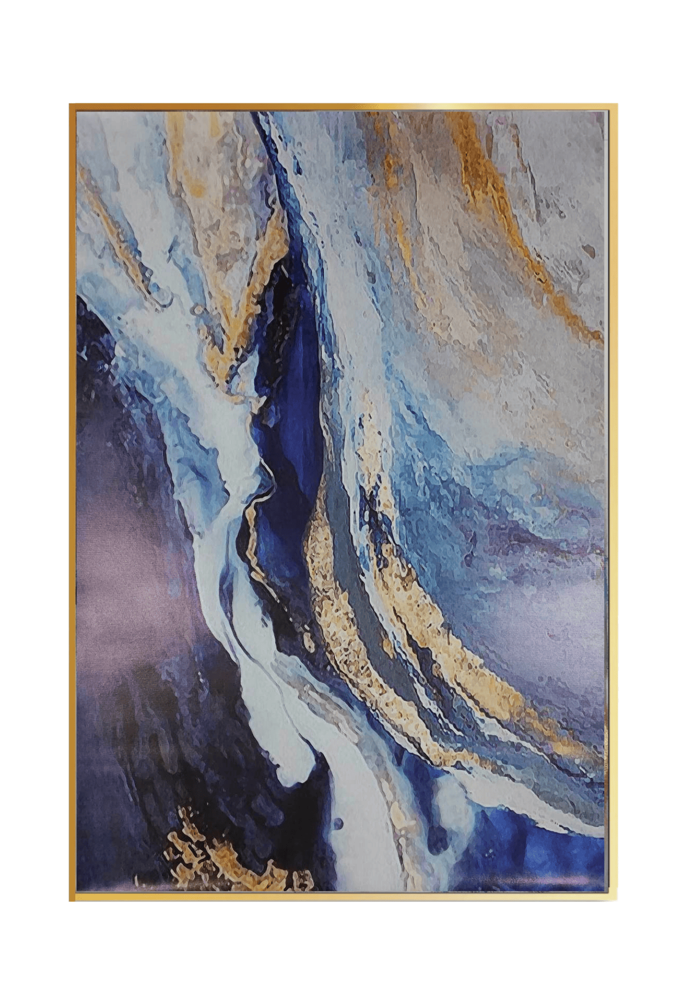 An 80x120 cm blue and gold abstract canvas print wall art panel depicting a minimalist printed design of organic marble waves, sapphire blue paths, and flat yellow gold geode veins for modern living room decor.