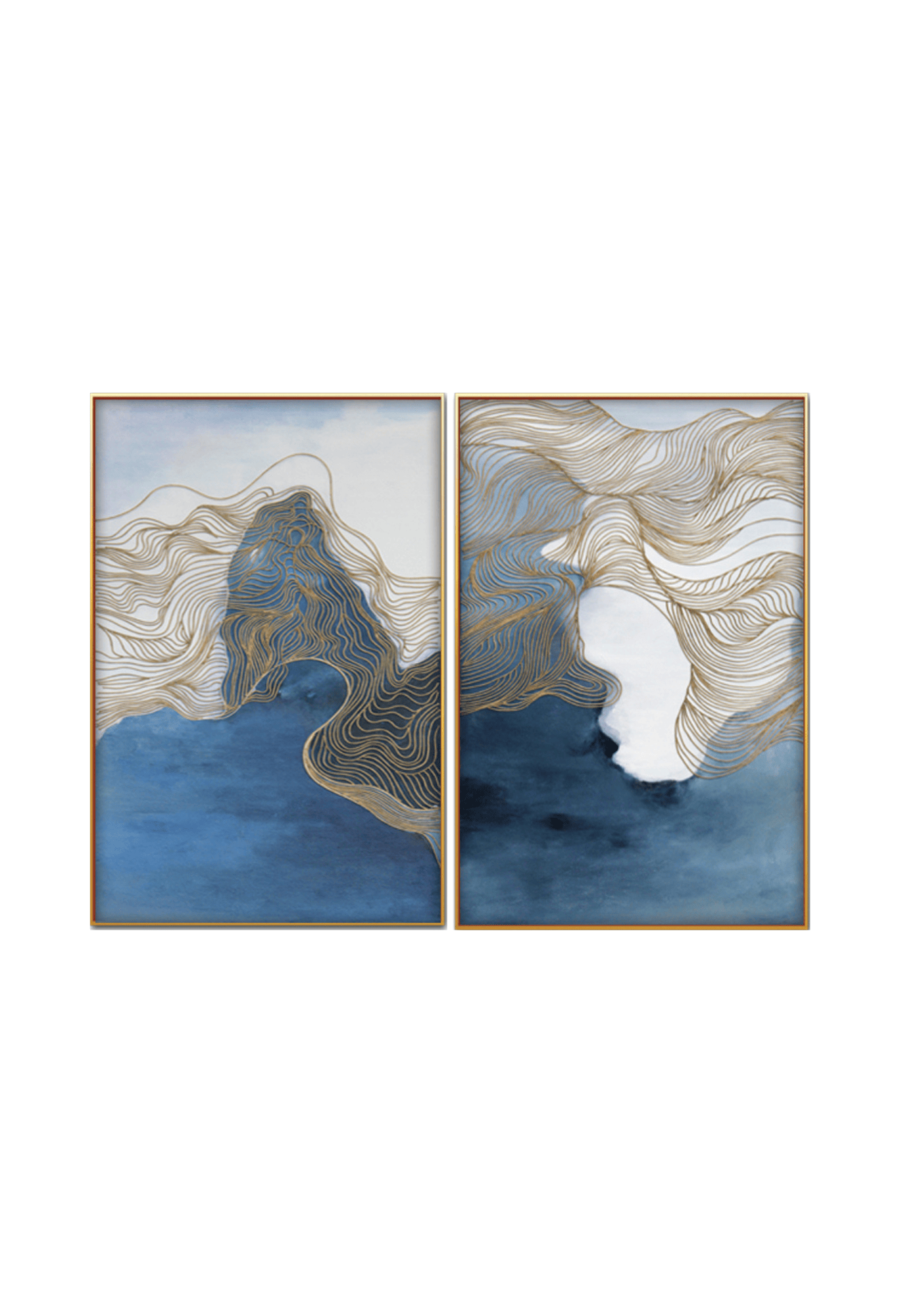 Two blue and gold abstract canvas print wall art panels depicting minimalist flowing topographic lines, golden wave structures, and blue watercolor gradients for modern living room decor.
