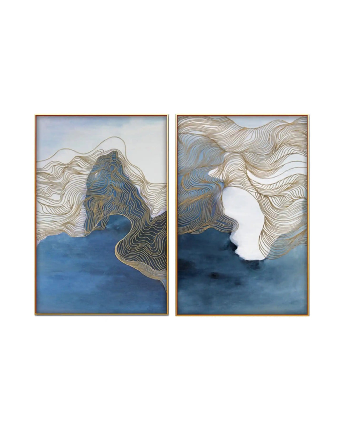 An abstract diptych wall art set featuring a modern interpretation of misty mountains and water, rendered in shades of deep indigo and ocean blue watercolor. The landscape is overlaid with intricate, flowing topography lines in metallic gold that twist across the two panels like waves or clouds, all enclosed within thin gold frames.