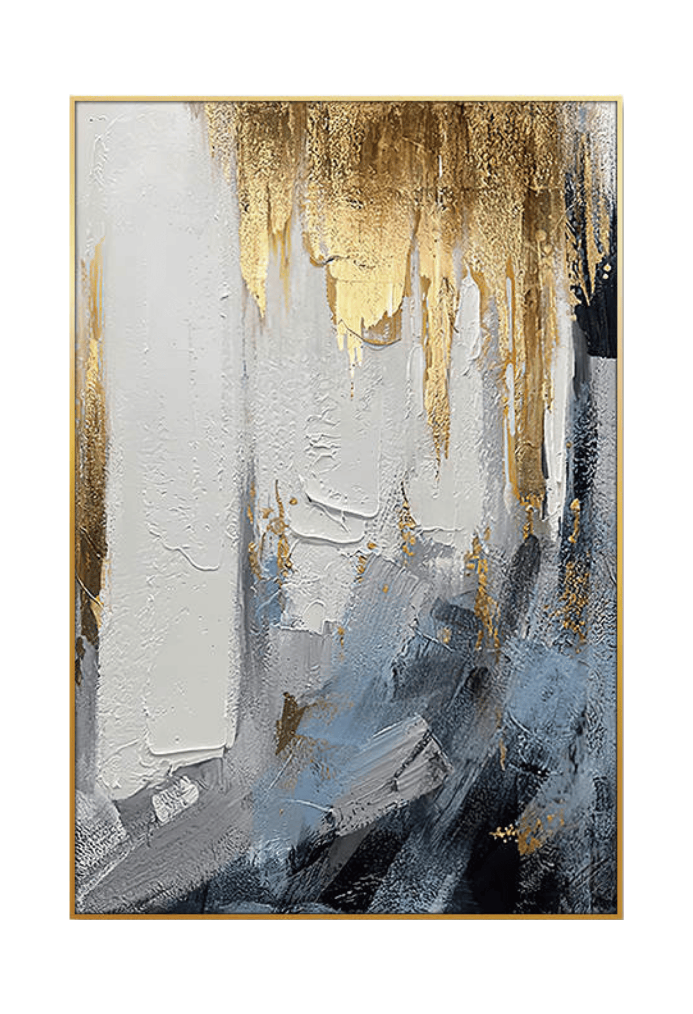 An 80x120 cm blue and gold abstract canvas print wall art panel depicting a minimalist printed vertical brushstroke layout, soft grey fields, and a flat yellow gold dripping top section for modern living room decor.